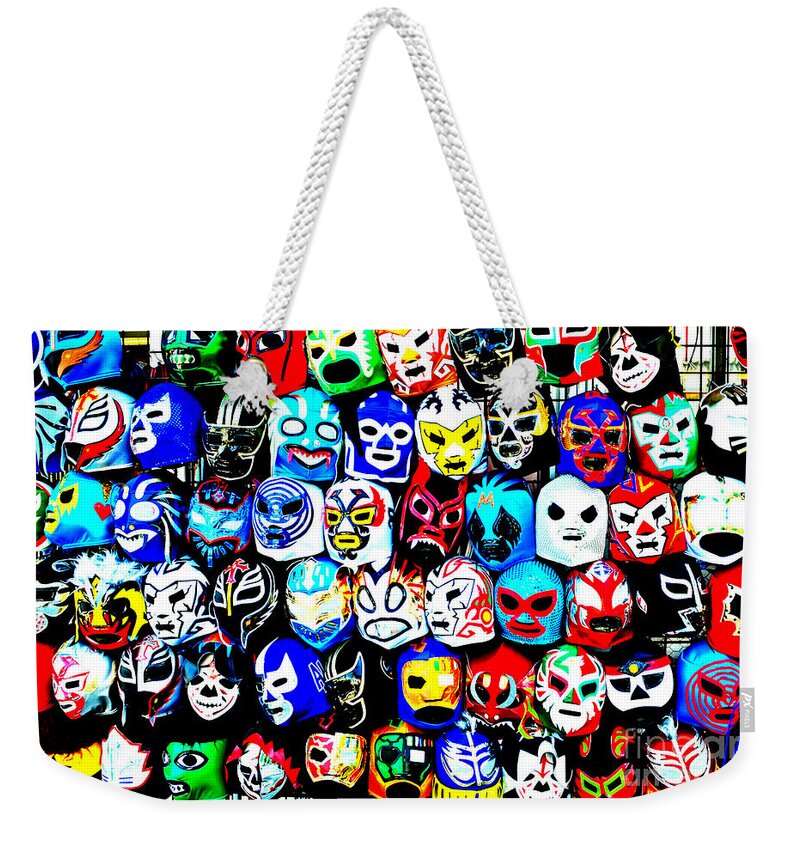 San Francisco Weekender Tote Bag featuring the photograph Wrestling Masks of Lucha Libre Altered by Jim Fitzpatrick