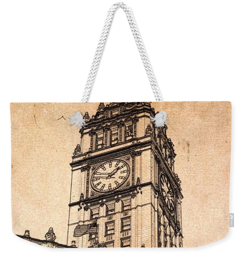 Wrigley Tower Weekender Tote Bag featuring the digital art Wrigley Clock Tower Chicago by Dejan Jovanovic