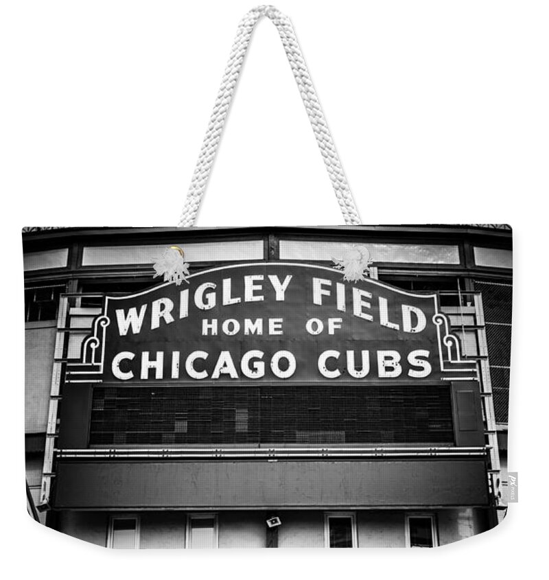 America Weekender Tote Bag featuring the photograph Wrigley Field Chicago Cubs Sign in Black and White by Paul Velgos