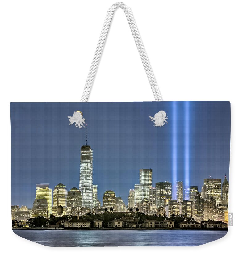 911 Weekender Tote Bag featuring the photograph WTC Tribute In Lights by Susan Candelario