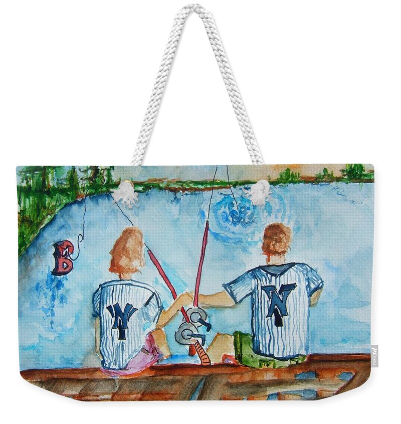 Yankee Weekender Tote Bag featuring the painting Yankee Fans Day Off by Elaine Duras