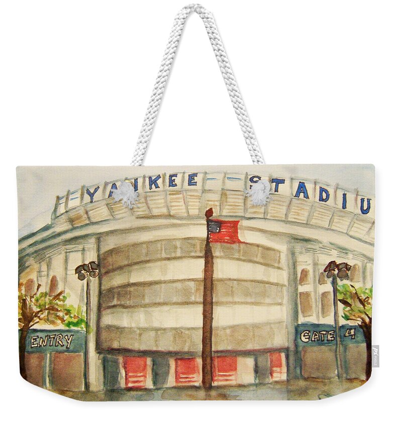 Yankees Weekender Tote Bag featuring the painting Yankee Stadium by Elaine Duras