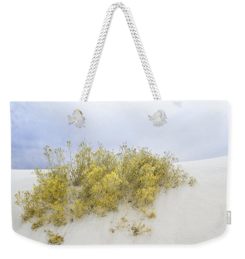 White Sands Weekender Tote Bag featuring the photograph Yellow Desert flower at White Sands by Jean Noren