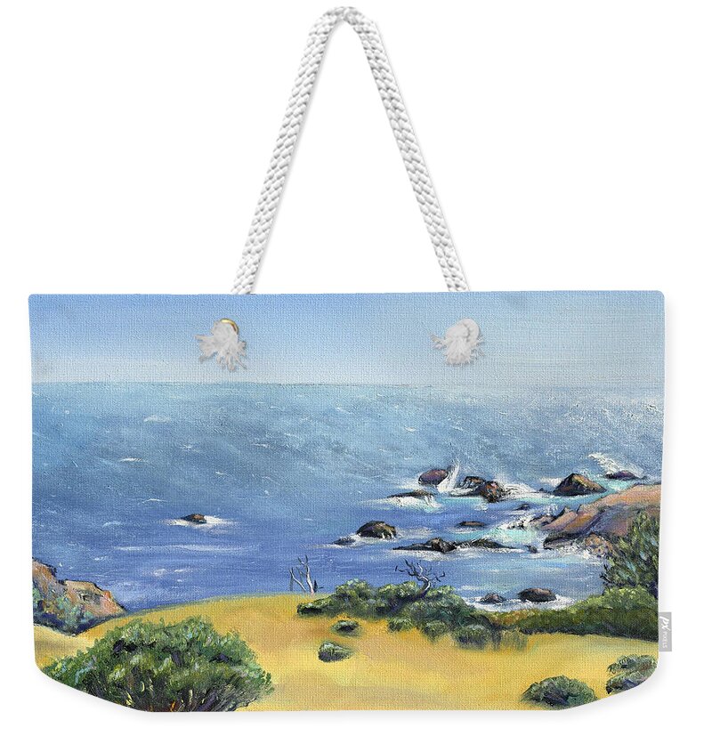 Seascape Painting Weekender Tote Bag featuring the painting Yellow Fields and Silvery Summer Sea by Asha Carolyn Young