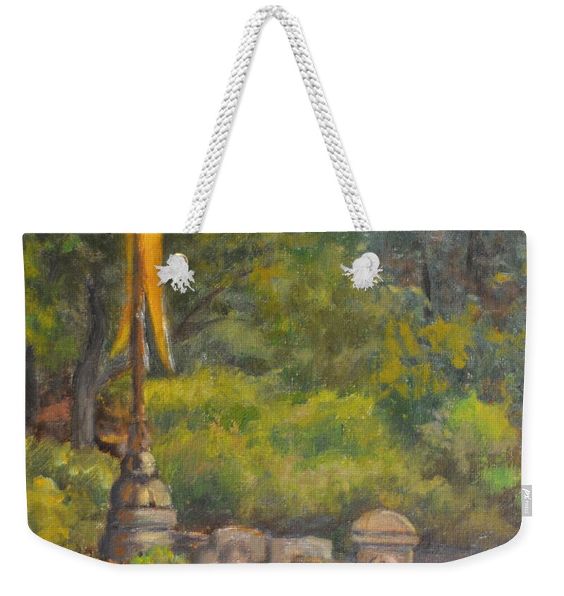 Landscape Weekender Tote Bag featuring the painting Yellow Flags in Central Park by Phyllis Tarlow