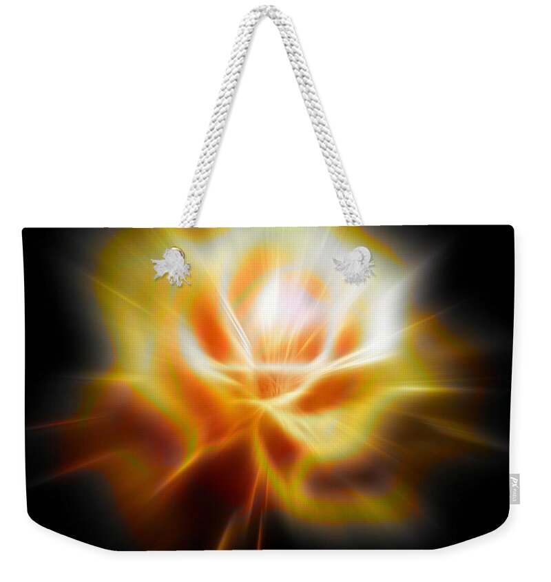 Yellow Weekender Tote Bag featuring the digital art Yellow glowing Rose by Lilia D