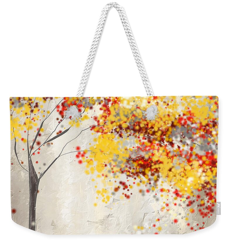 Red And Gray Weekender Tote Bag featuring the painting Yellow Gray and Red by Lourry Legarde
