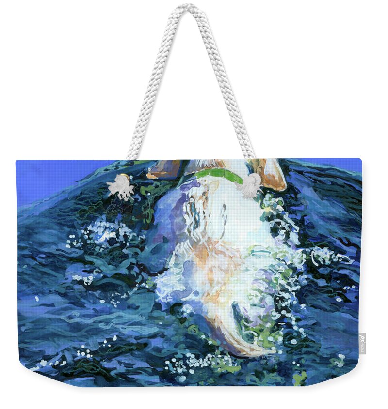 Yellow Labrador Retriever Weekender Tote Bag featuring the painting Yellow Lab Blue Wake by Molly Poole