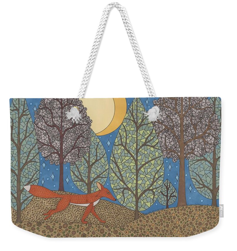 Fox Weekender Tote Bag featuring the drawing Yellow Moon Rising by Pamela Schiermeyer