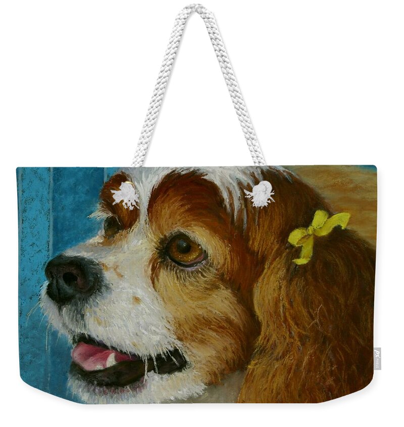 Dog Weekender Tote Bag featuring the painting Yellow Ribbons by Minaz Jantz