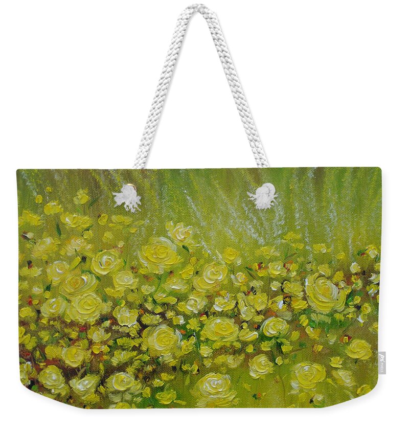 Roses Weekender Tote Bag featuring the painting Yellow Roses for Debbie by Judith Rhue