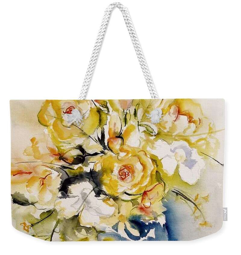 Flower Weekender Tote Bag featuring the painting Yellow roses by Karina Plachetka