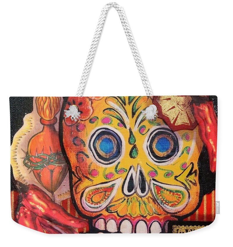 Dia De Los Muertos Weekender Tote Bag featuring the mixed media Yellow Skull and Peppers by Candy Mayer