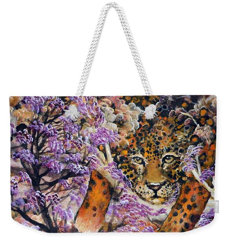 Leopard Weekender Tote Bag featuring the painting You are PRRrrrerfect Just The Way You Are by Ashleigh Dyan Bayer
