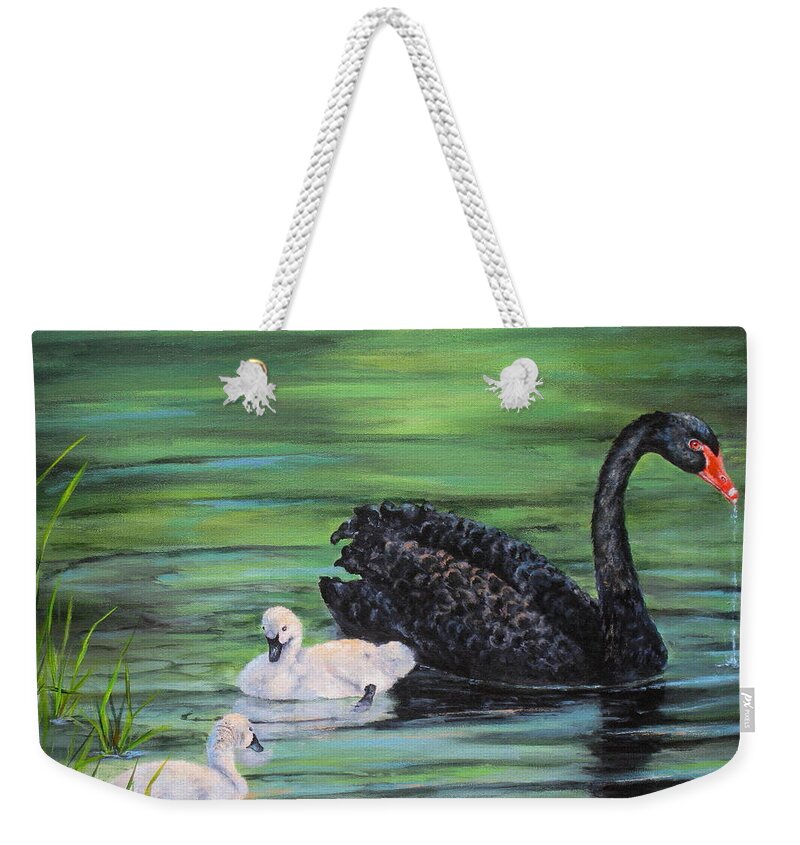 Bird Weekender Tote Bag featuring the painting You Comin'--Black Swan by Mary McCullah