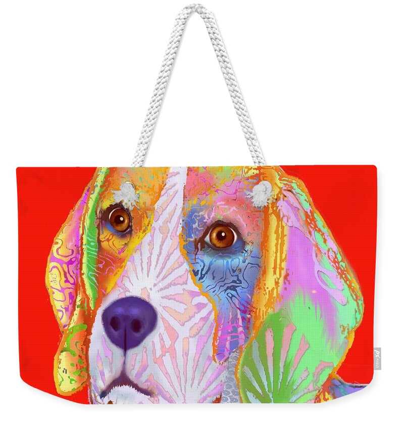 Red Background Weekender Tote Bag featuring the digital art Young Beagle by Marlene Watson