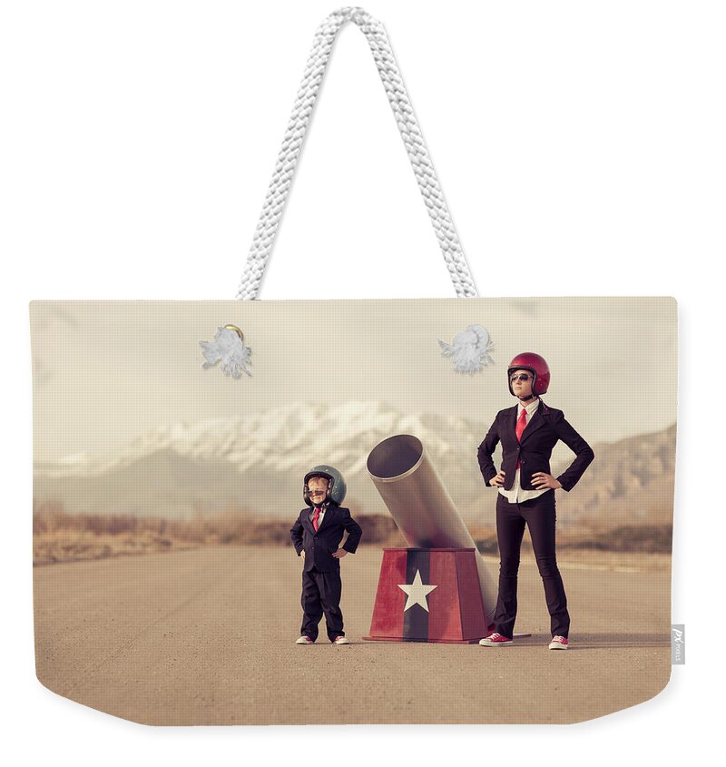 Cool Attitude Weekender Tote Bag featuring the photograph Young Boy And Woman Business Team With by Richvintage