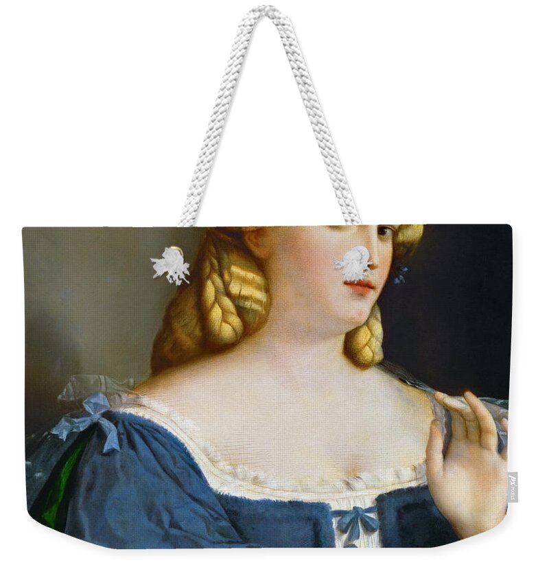 Palma Vecchio Weekender Tote Bag featuring the painting Young Woman in blue Gown with Feather by Palma Vecchio