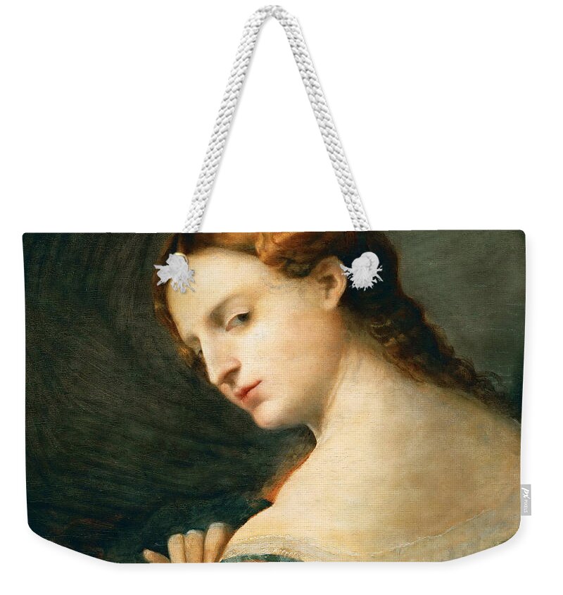 Palma Vecchio Weekender Tote Bag featuring the painting Young Woman in Profile by Palma Vecchio