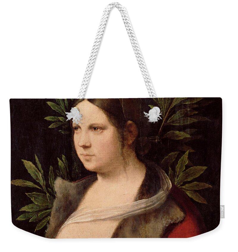 Giorgione Weekender Tote Bag featuring the painting Young Woman. Laura by Giorgione
