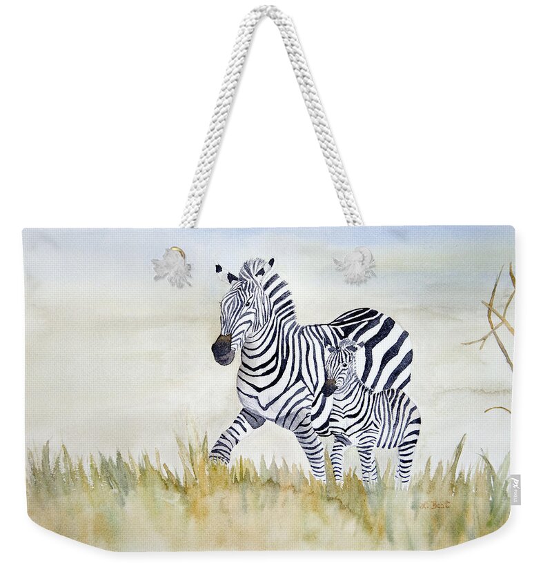 Zebra Weekender Tote Bag featuring the painting Zebra Family by Laurel Best