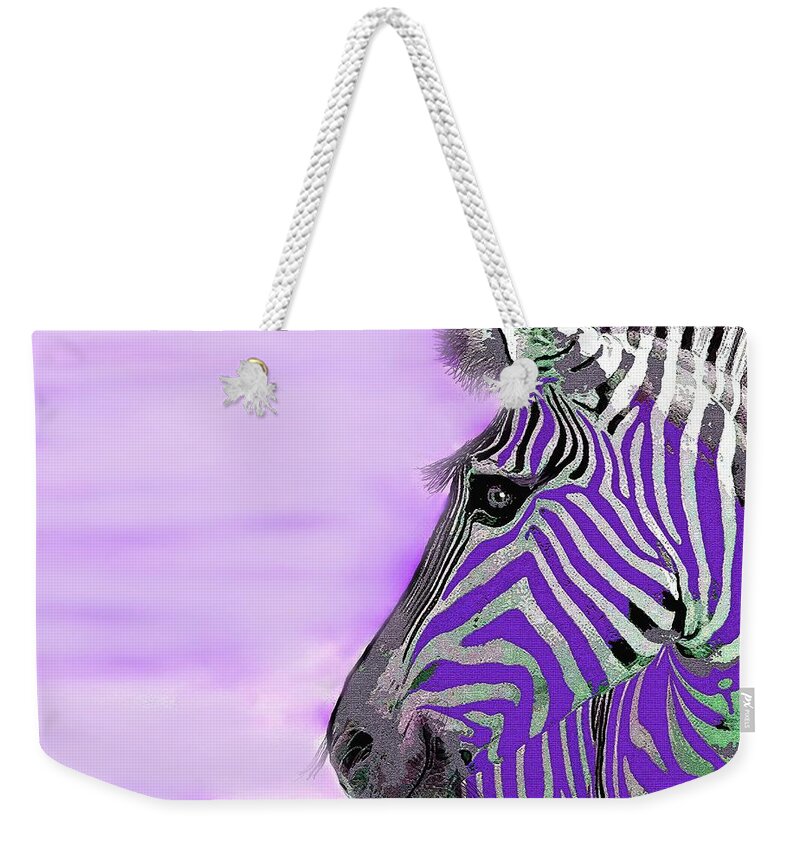 Zebra Purple Mist Weekender Tote Bag featuring the painting Zebra Purple Mist by Saundra Myles