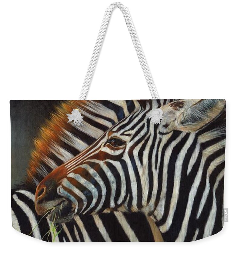 Zebra Weekender Tote Bag featuring the painting Zebras by David Stribbling