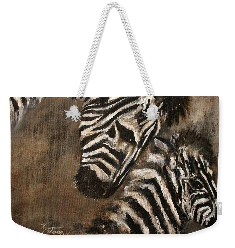 Zebra Weekender Tote Bag featuring the painting Zebras Love From Above by Barbie Batson