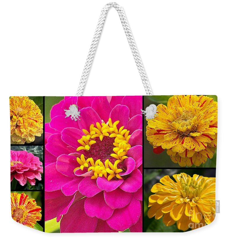 Pink Weekender Tote Bag featuring the photograph Zinnia Collage by Eunice Miller