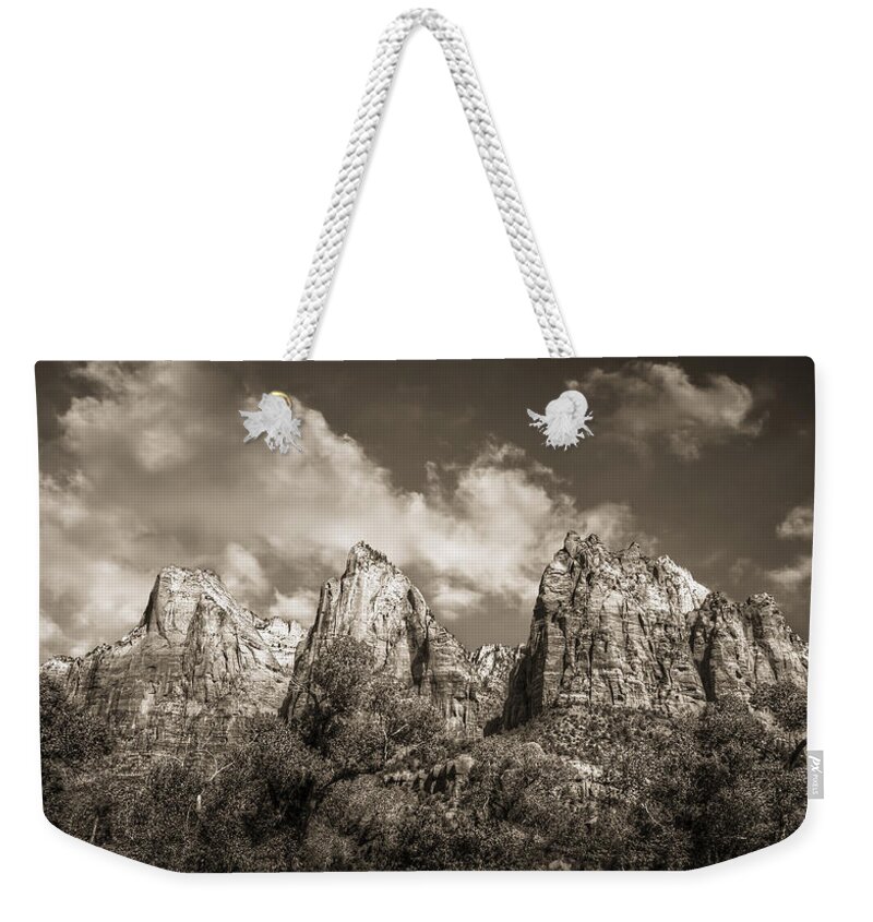 Sepia Weekender Tote Bag featuring the photograph Zion Court of the Patriarchs in Sepia by Tammy Wetzel