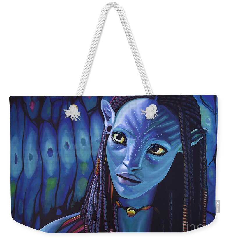 Avatar Weekender Tote Bag featuring the painting Zoe Saldana as Neytiri in Avatar by Paul Meijering