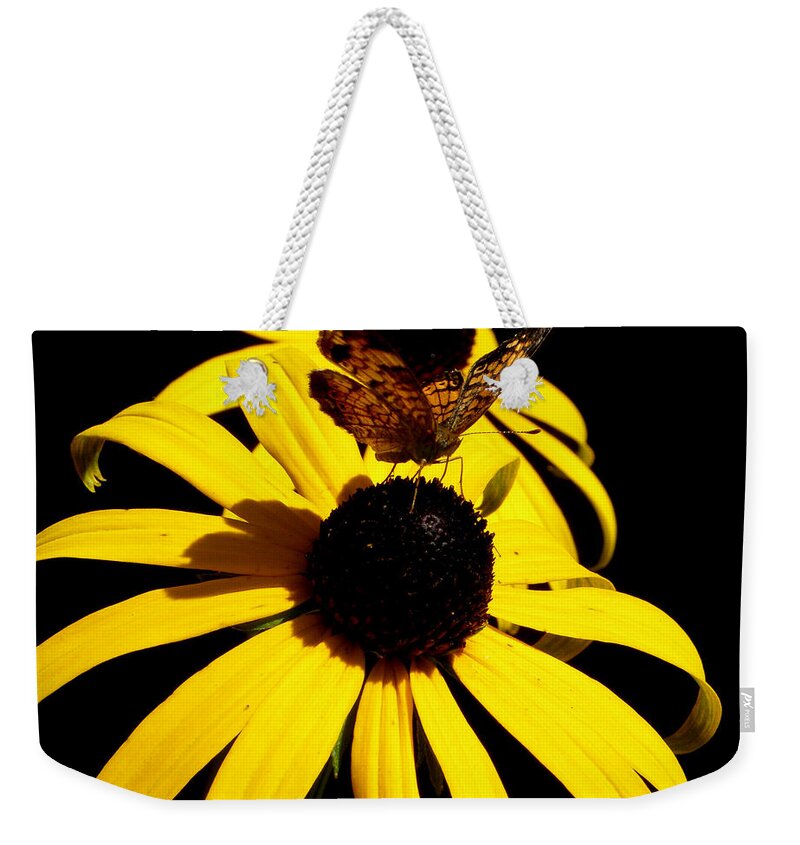 Butterfly Weekender Tote Bag featuring the photograph Frantilly Butterfly On A Black Eyed Susan by Kim Galluzzo