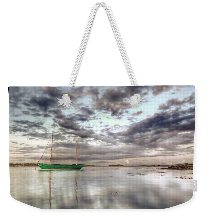 Green Weekender Tote Bag featuring the photograph Still - Green Boat by B Cash