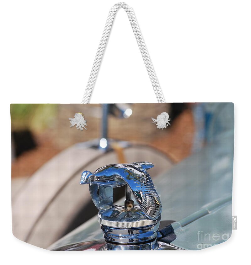 1930 Weekender Tote Bag featuring the photograph 1930 Ford Coupe Hood Ornament by Heather Kirk