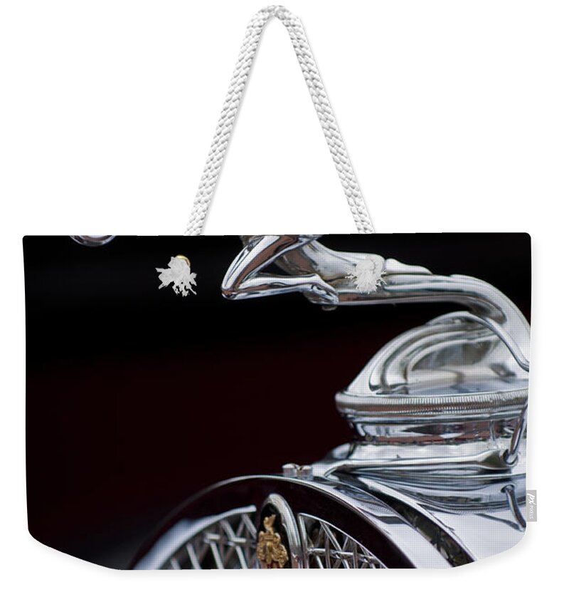 1931 Packard Deluxe Eight Roadster Weekender Tote Bag featuring the photograph 1931 Packard Deluxe Eight Roadster Hood Ornament by Jill Reger