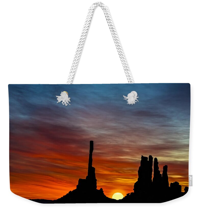 Sunrise Weekender Tote Bag featuring the photograph A New Day At The Totem Poles #1 by Susan Candelario
