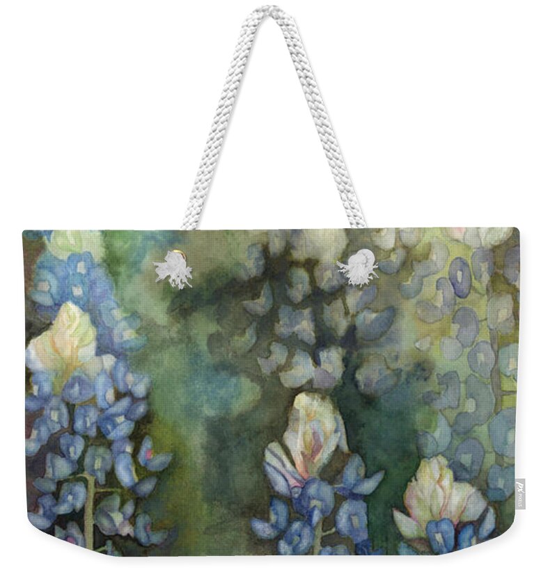 Bluebonnet Blue Flower Floral Texas Lone Star State Whimsical Weekender Tote Bag featuring the painting Bluebonnet Blessing by Karen Kennedy Chatham