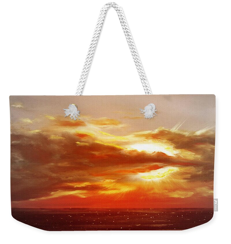 Sunset Weekender Tote Bag featuring the painting Bound of Glory - Panoramic Sunset #1 by Gina De Gorna