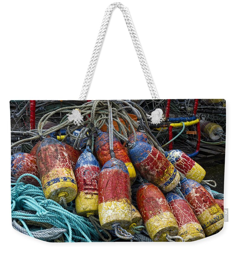 Fishing Weekender Tote Bag featuring the photograph Buoys and Crabpots on the Oregon Coast #3 by Carol Leigh
