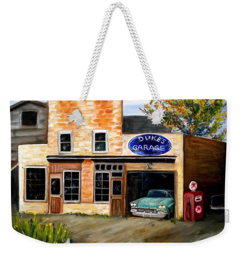 Garage Weekender Tote Bag featuring the photograph Duke's Garage #1 by Renate Wesley