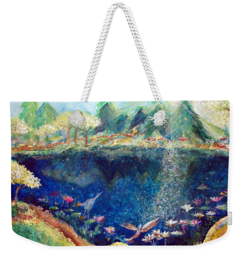 Lotus Lake Weekender Tote Bag featuring the painting Lotus Lake #1 by Ashleigh Dyan Bayer