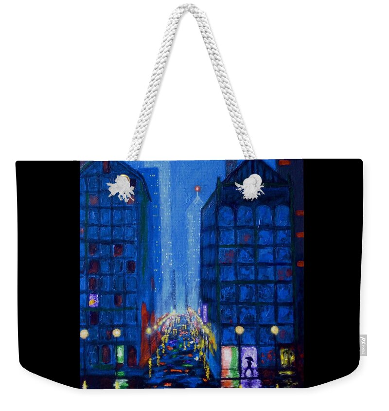 City Rain Weekender Tote Bag featuring the painting Midnight Drizzle by J Loren Reedy