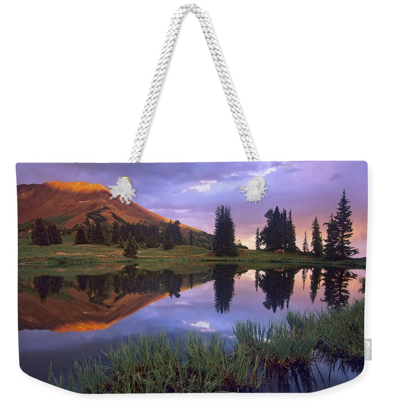 00176802 Weekender Tote Bag featuring the photograph Mount Baldy At Sunset Reflected In Lake #1 by Tim Fitzharris
