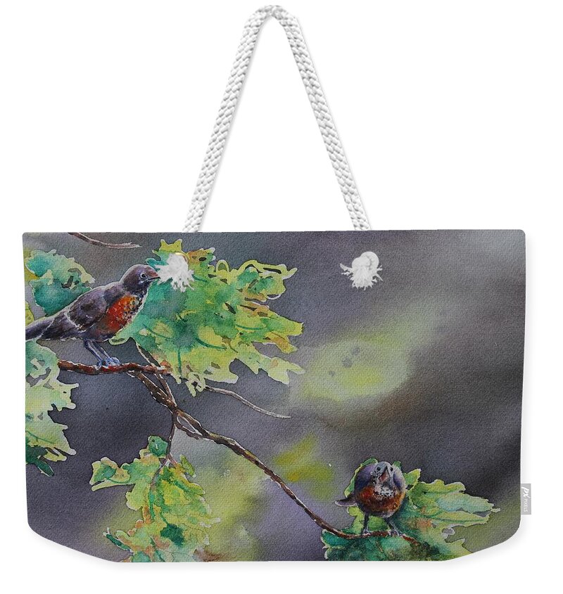 Robin Weekender Tote Bag featuring the painting Ready for Take Off by Ruth Kamenev