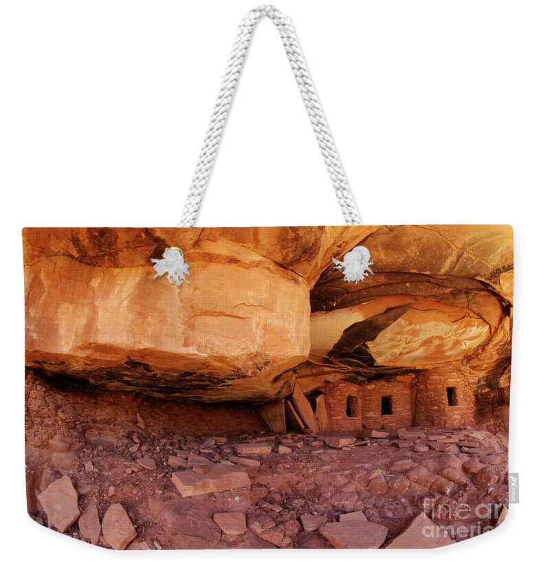 Cliff Dwellings Weekender Tote Bag featuring the photograph Roof Falling In Ruin Utah #1 by Bob Christopher