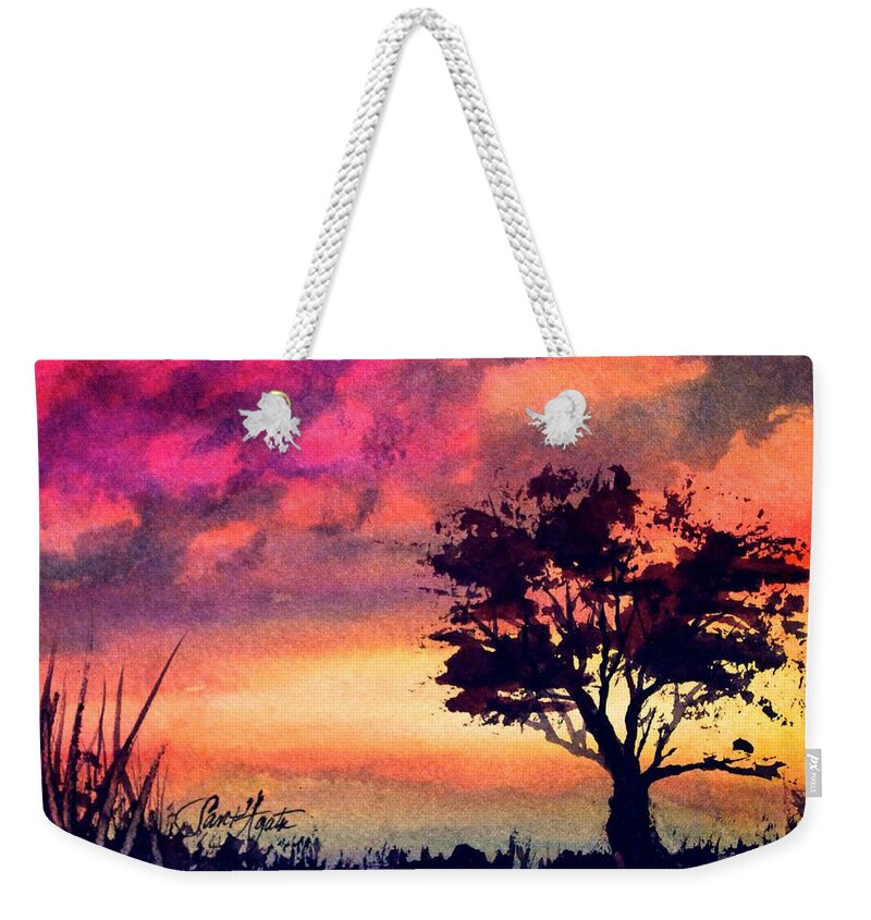 Red Weekender Tote Bag featuring the painting Sunset Solitaire by Frank SantAgata