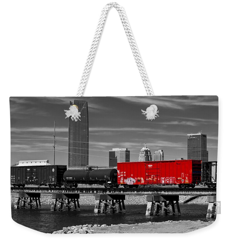 Red Weekender Tote Bag featuring the photograph The Red Box Car #1 by Doug Long