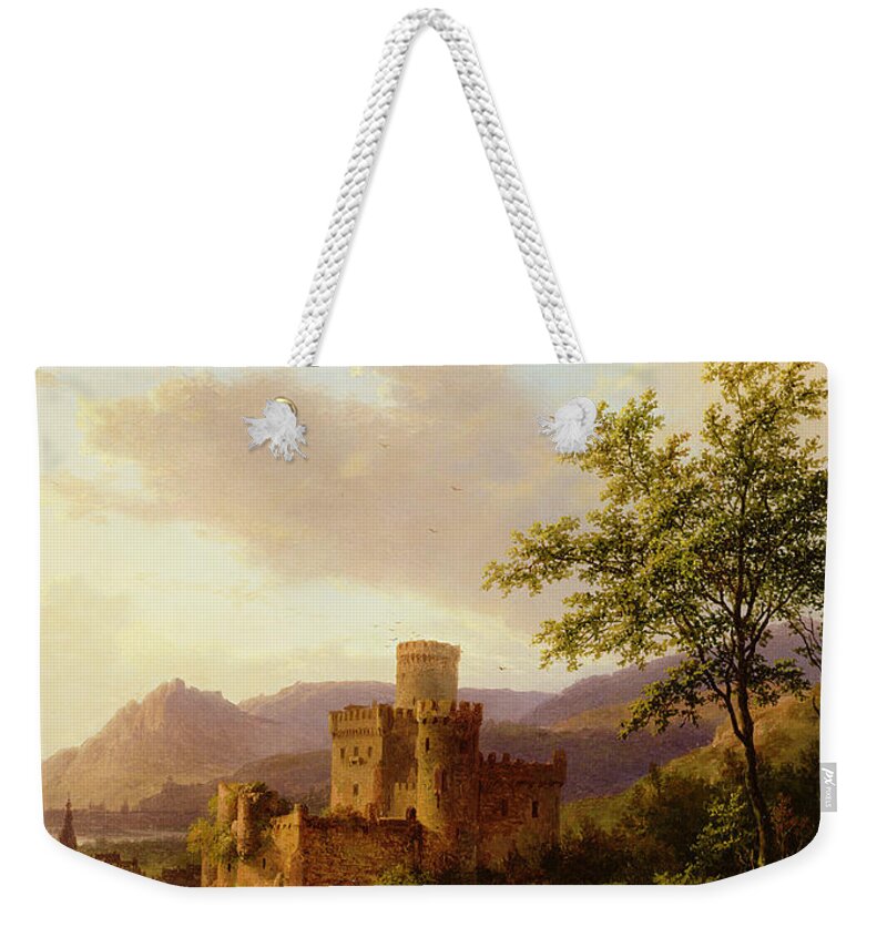 Castle; Towers; Estuary; River; Town; Boats; Crags; Oxen; Traveller; Rhine; Ruins; Romantic; Sailing Vessels; Tower Weekender Tote Bag featuring the painting Travellers on a Path in an extensive Rhineland Landscape by Barend Cornelis Koekkoek