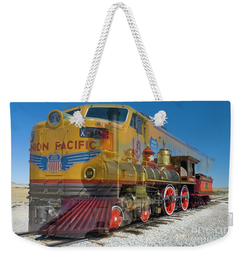 Promontory Point Weekender Tote Bag featuring the photograph 100 years of Union Pacific Railroading by Tim Mulina