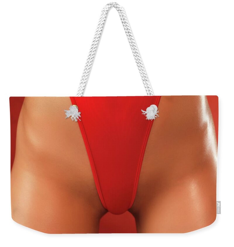 Swimsuit Weekender Tote Bag featuring the photograph Sexy Young Woman in High Cut Swimsuit #11 by Maxim Images Exquisite Prints